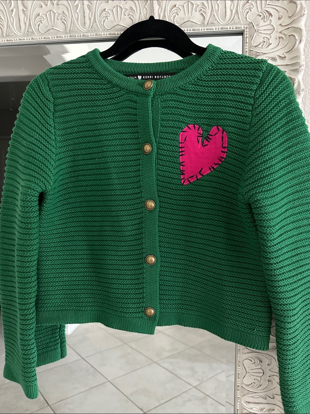 Aqua Kerri Rosenthal Green Cardigan with Pink Heart Patch